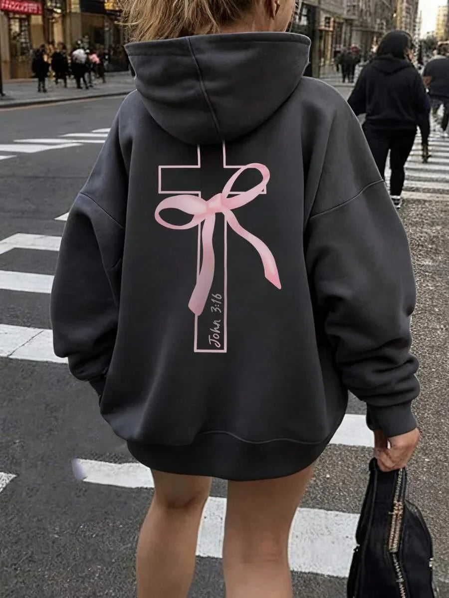 Black cotton hoodie with large cross, pink ribbon, and John 3:16 text on back, HUSTLE801 streetwear