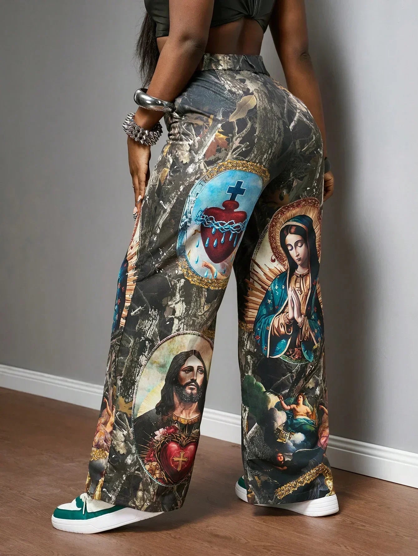 Sacred Heart religious print wide leg pants, black polyester, graphic style, HUSTLE801