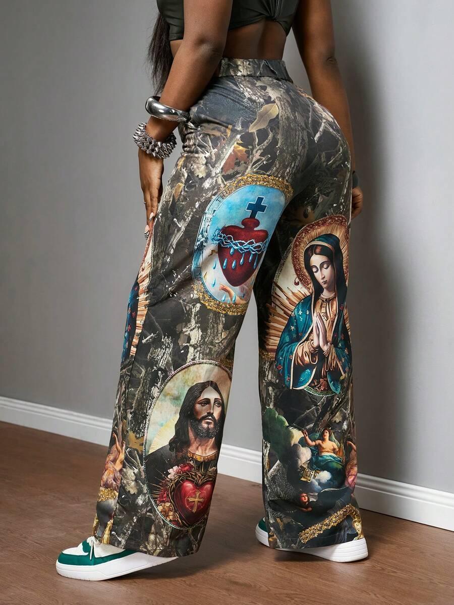 Religious icon print wide-leg pants, multicolor polyester, HUSTLE801, featuring Jesus and Virgin Mary artwork