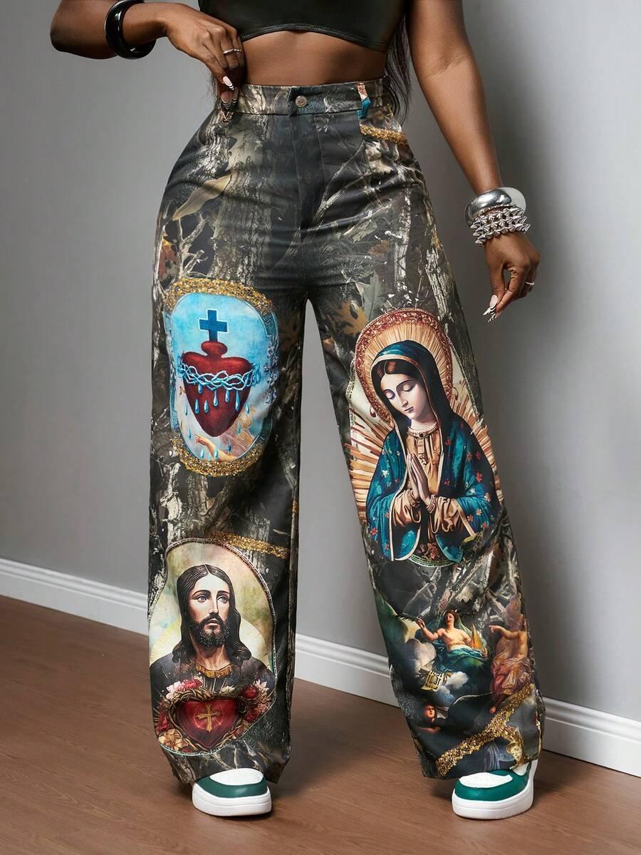 Wide-leg multicolor cotton pants with sacred imagery graphics, HUSTLE801, dark camo style