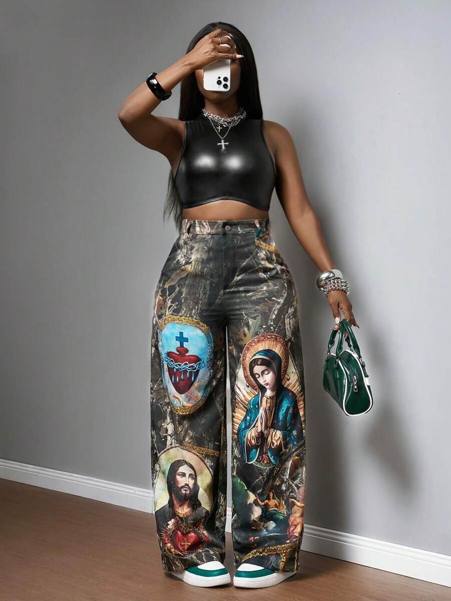 Black faux leather crop top and multicolor wide-leg pants with religious prints, HUSTLE801, cotton blend