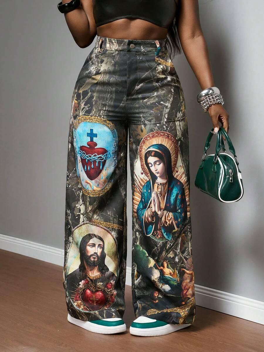 Wide leg printed pants with religious icon art, primarily green cotton fabric, HUSTLE801 Sacred Heart Pants