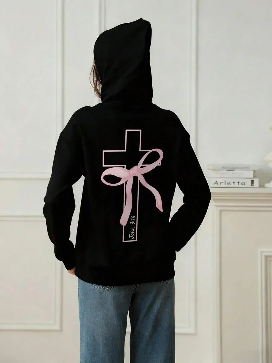 Black cotton hoodie with pink cross and bow, John 3:16 graphic on back, casual unisex style