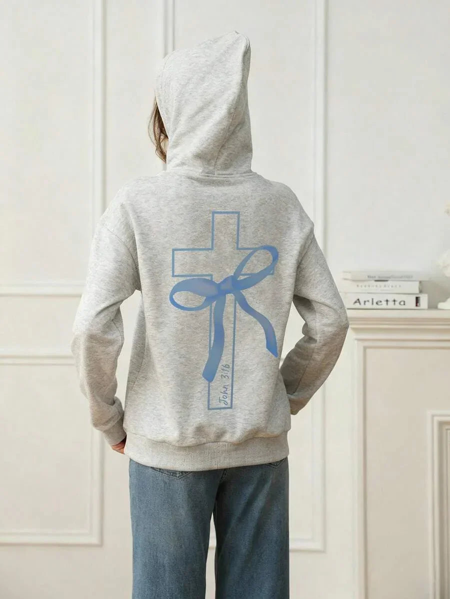 Grey cotton hoodie with blue cross and bow graphic, John 3:16 text, casual streetwear