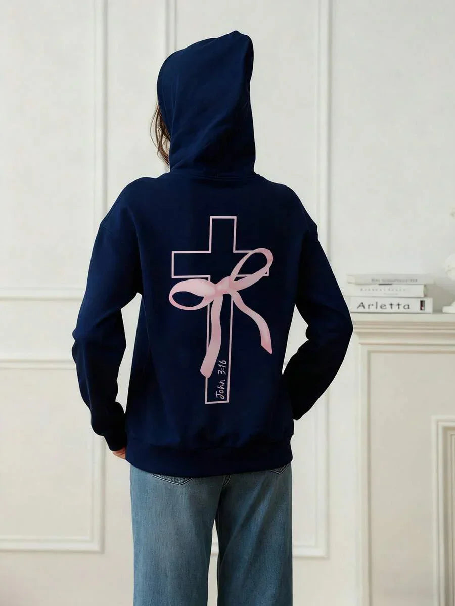 Navy cotton hoodie with cross and pink bow graphic, John 3:16 text, HUSTLE801 Christian hoodie