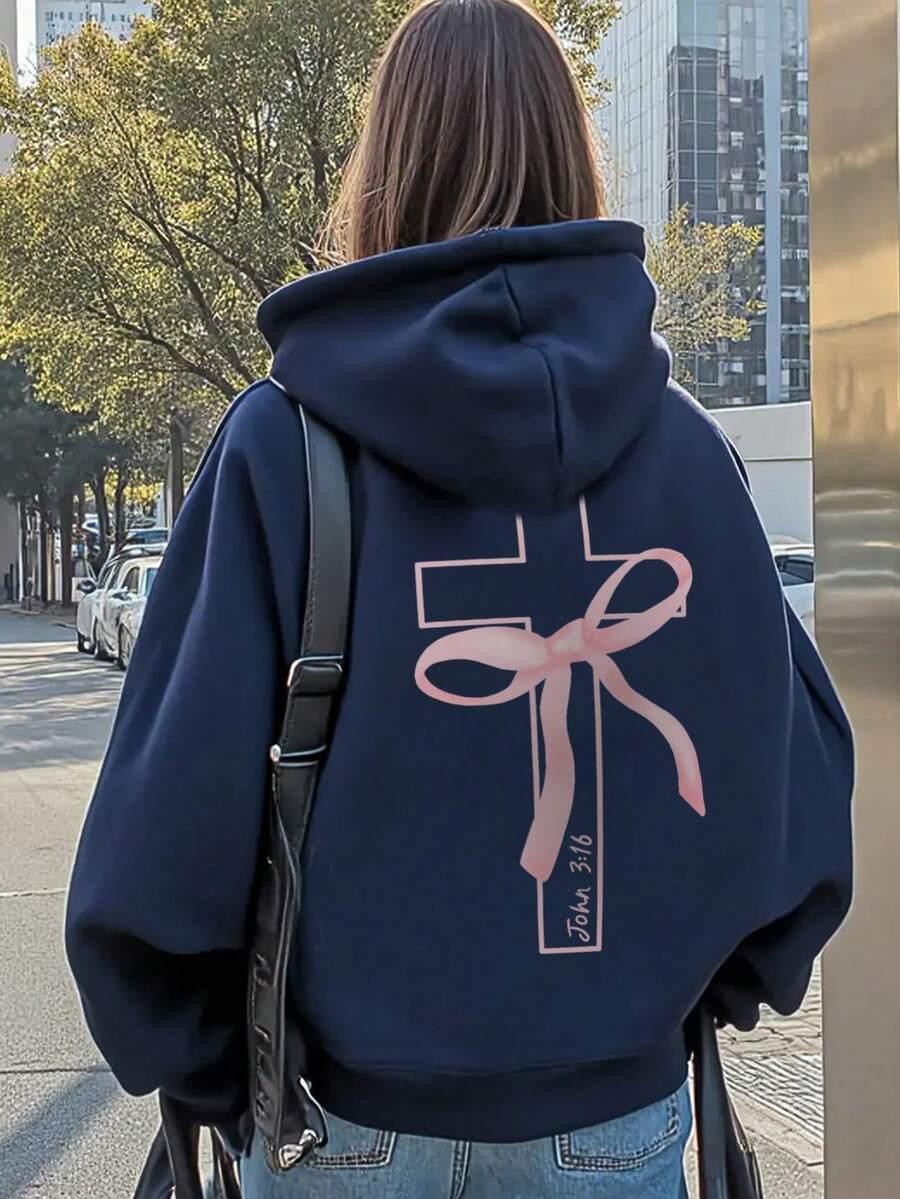Navy cotton hoodie featuring a pink ribbon cross and 'John 3:16' graphic on back, HUSTLE801.