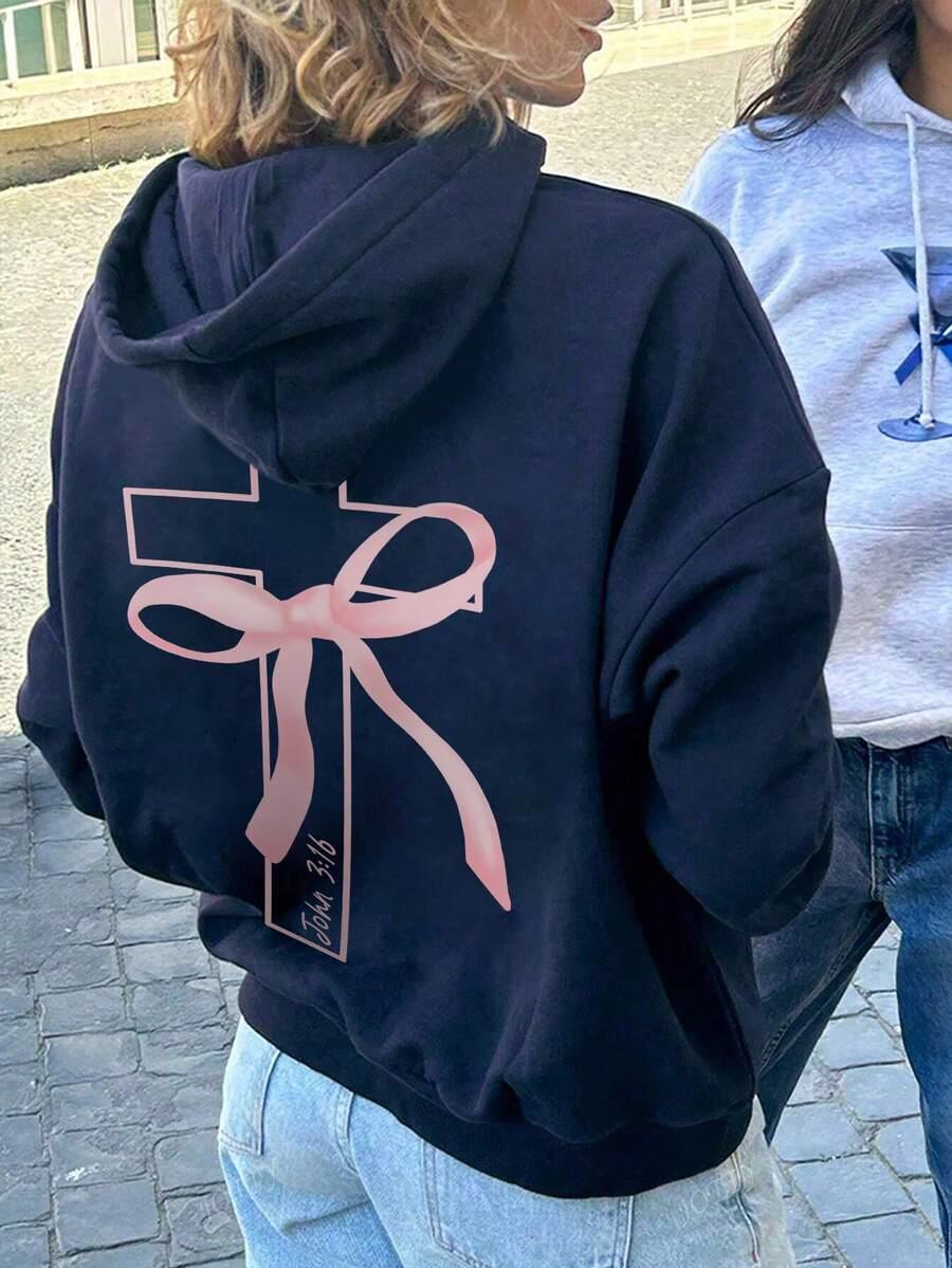 Black cotton hoodie with pink ribbon cross and John 3:16 graphic, casual streetwear style