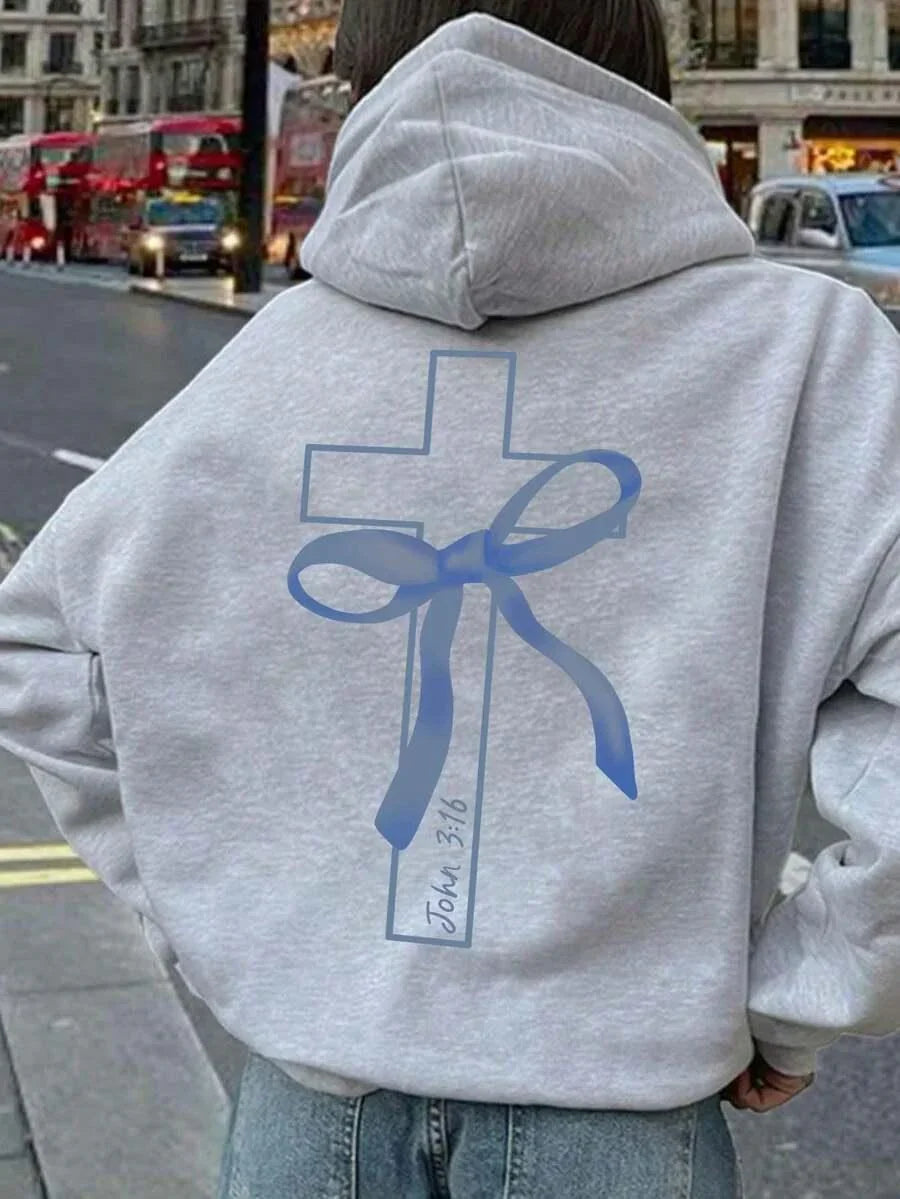 Gray cotton hoodie with blue ribbon cross and John 3:16 text on back, HUSTLE801 streetwear