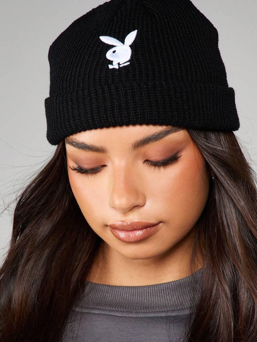 Black cotton ribbed That Girl beanie with white embroidered bunny logo on model, HUSTLE801