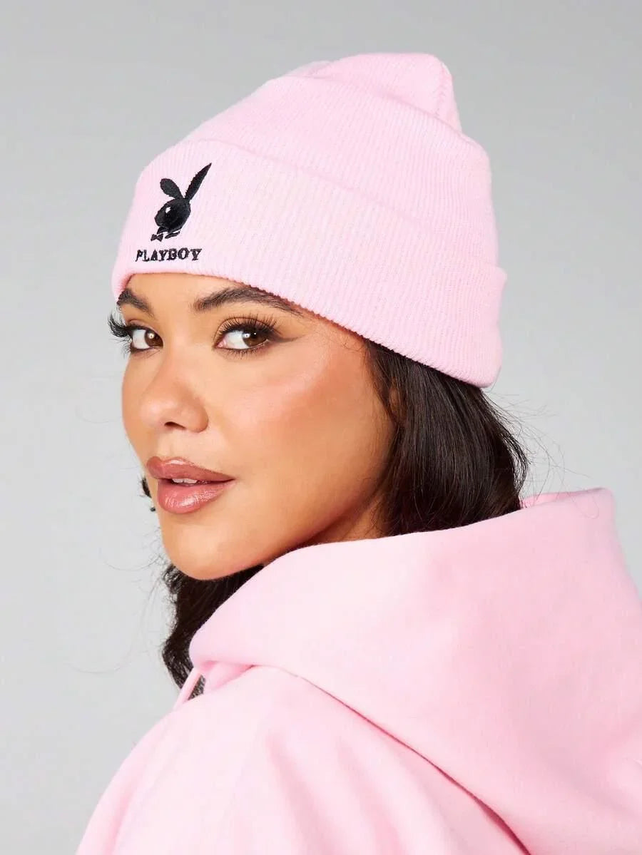 Playboy pink cotton beanie with black logo, cozy streetwear hat, soft ribbed knit
