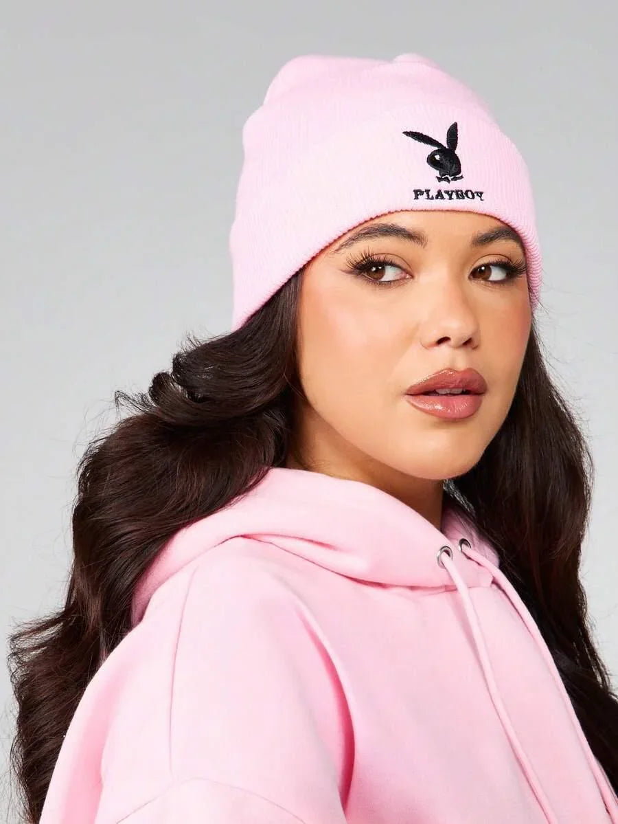 Pink cotton PLAYBOY beanie and hoodie set with black logo, cozy streetwear from HUSTLE801