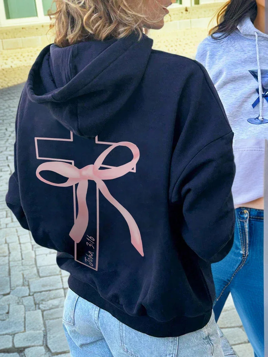 Black cotton hoodie with pink ribbon cross and John 3:16 on back, HUSTLE801 Faith Hoodie