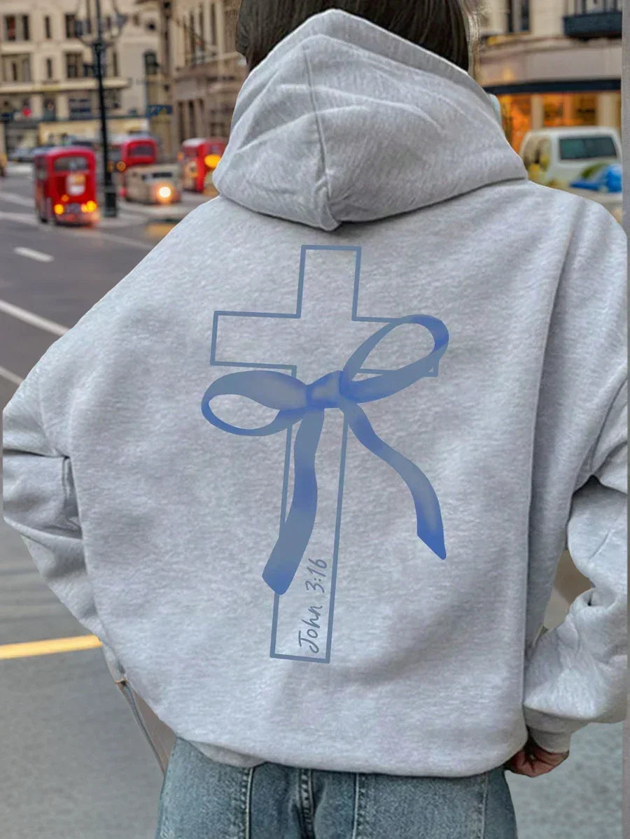 Grey cotton hoodie with blue cross, ribbon and John 3:16 graphic on back, casual street style