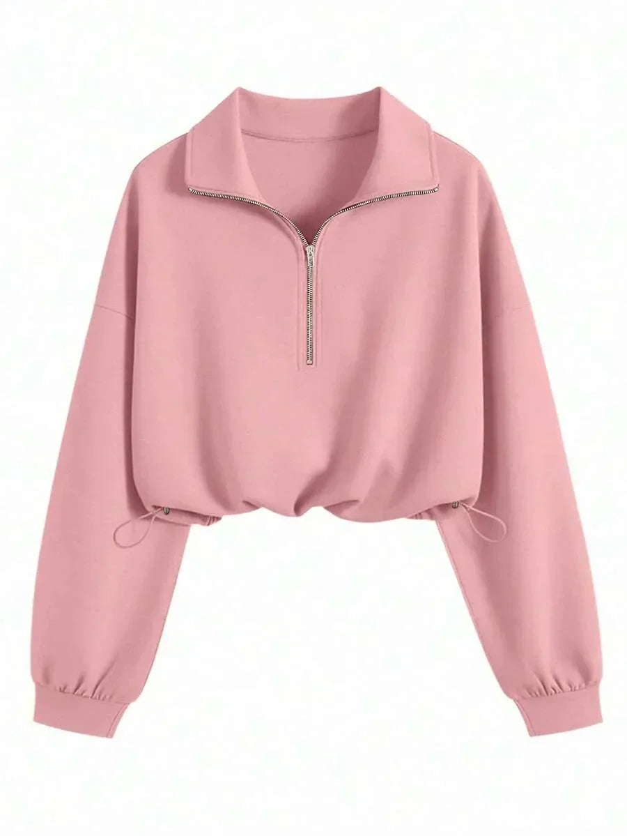 Pink cotton half-zip pullover sweatshirt with drawstring waist by HUSTLE801