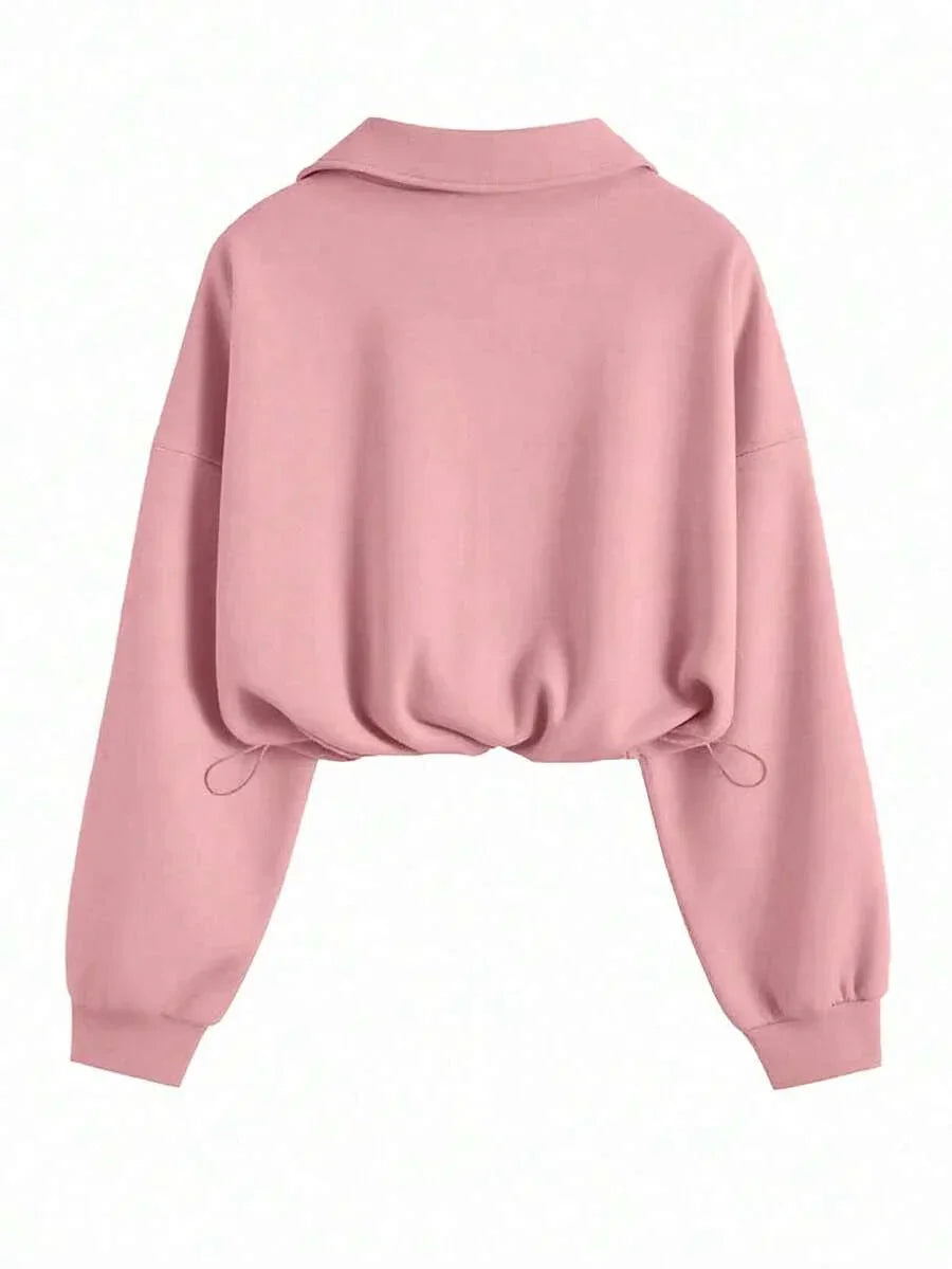 Pink cotton cropped sweatshirt with collar and drawstring hem, HUSTLE801 That Girl pullover