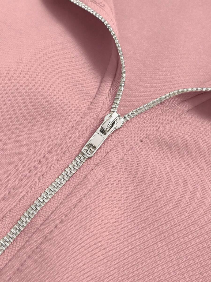 Pink cotton zip-up hoodie with silver zipper from HUSTLE801, close-up detail