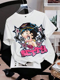 White cotton t-shirt featuring Betty Boop cartoon graphic with bold pink graffiti text and star accents