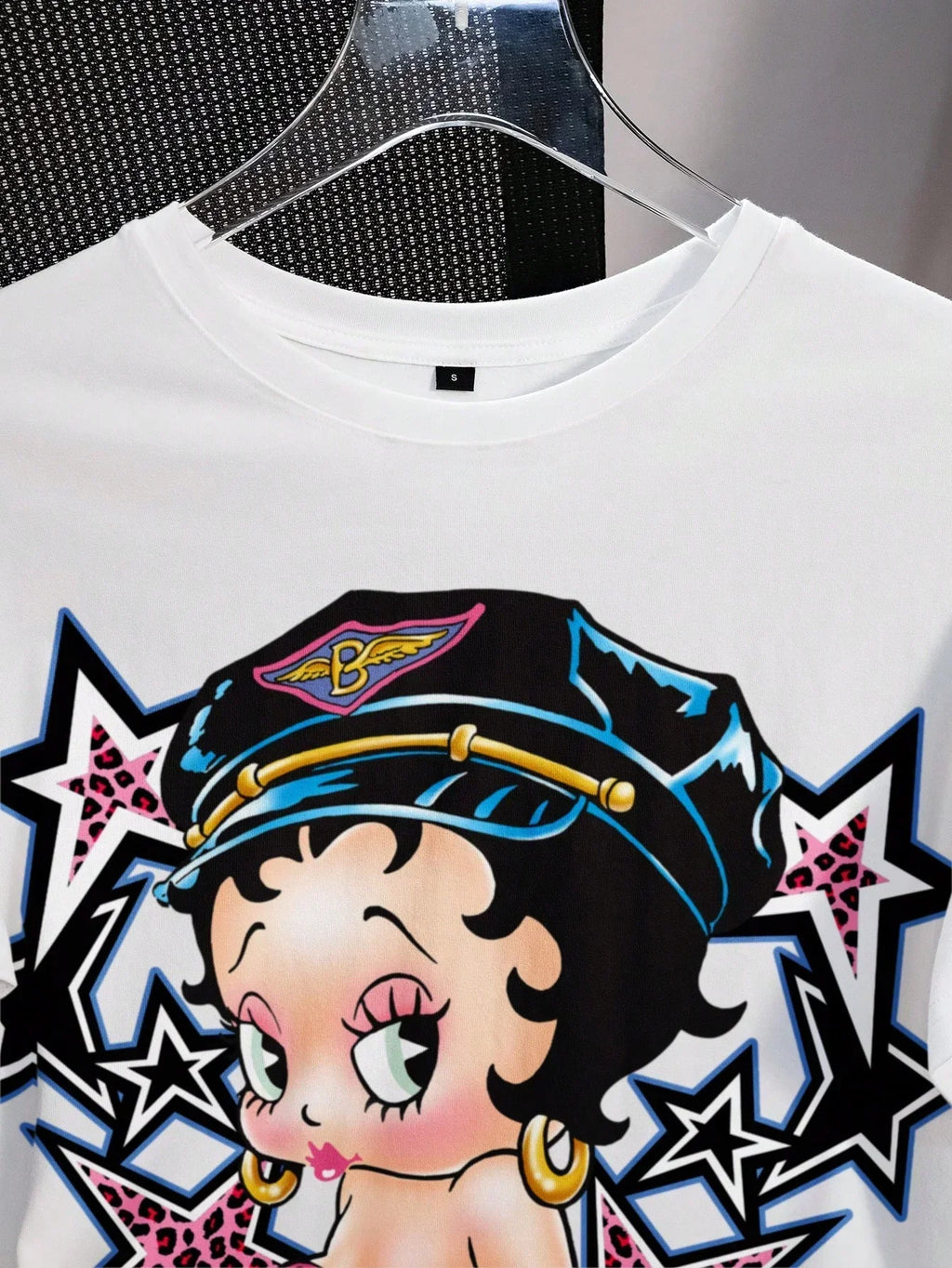 White cotton tee featuring cartoon girl with black hat and stars print, HUSTLE801 Betty Boop Shirt