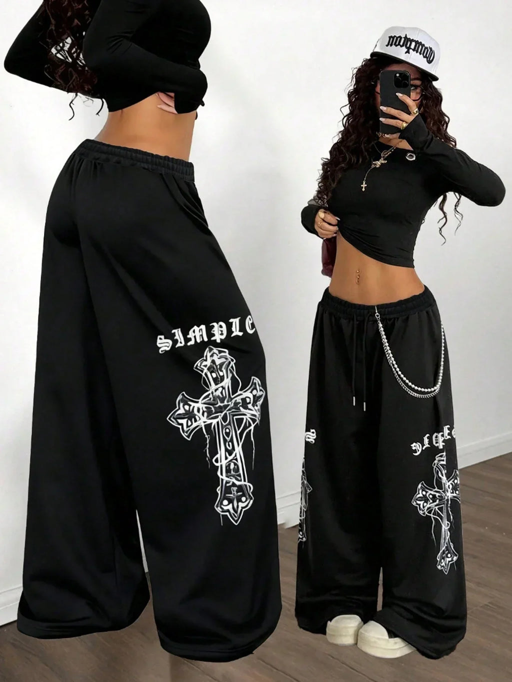 Black cotton Simple Cross wide-leg sweatpants with white cross graphic, streetwear style, HUSTLE801