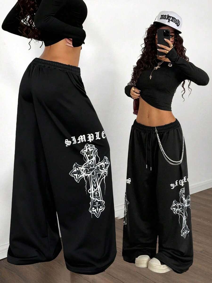 Black cotton baggy cross-print pants SIMPLE by HUSTLE801, wide leg streetwear style