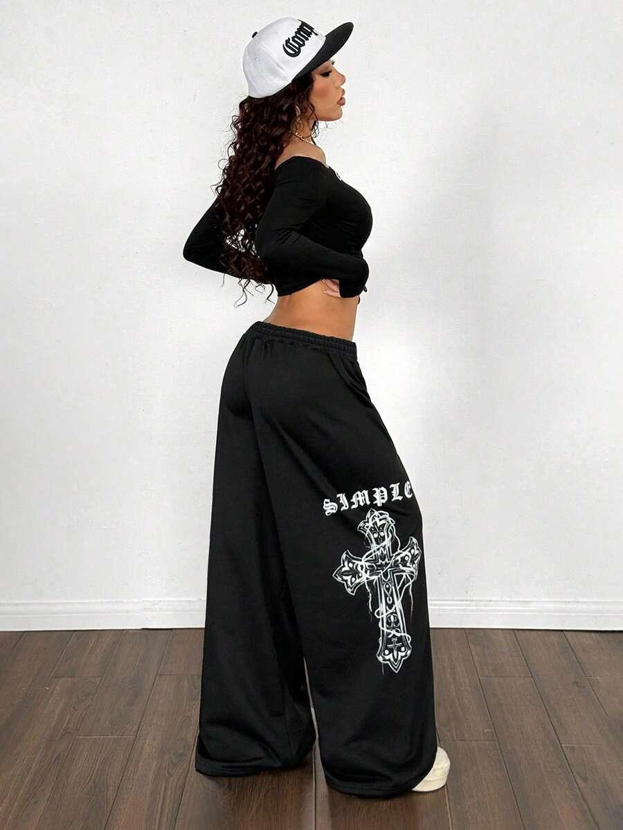 Black cotton SIMPLE cross graphic wide-leg sweatpants, streetwear style, white cap, HUSTLE801