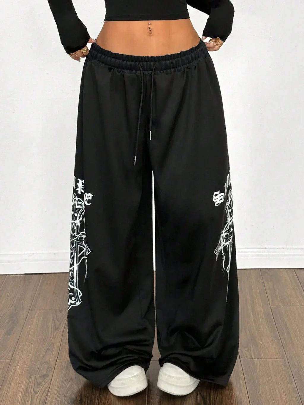 Black baggy cotton streetwear pants with white graphic print, HUSTLE801 Gothic Sweatpants