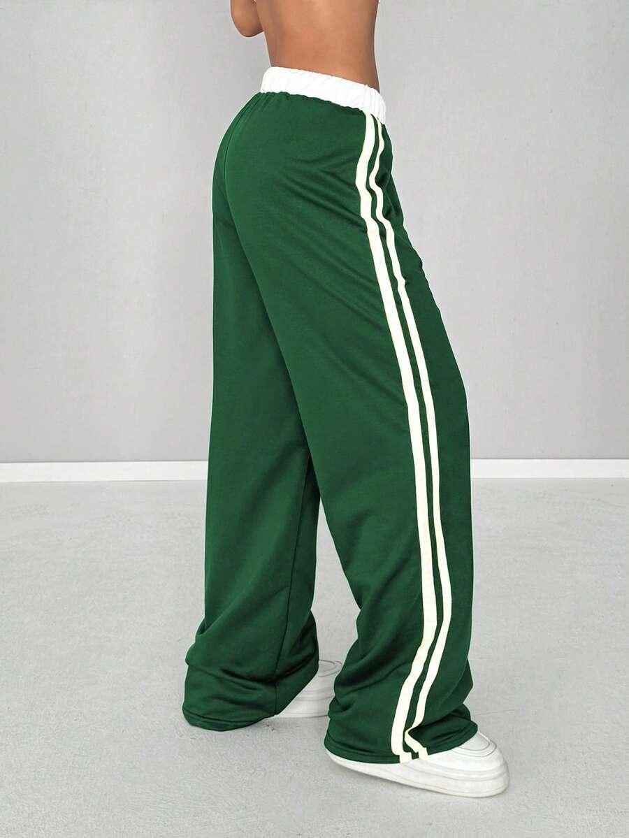 Green cotton wide leg track pants with white stripes and elastic waist, HUSTLE801 That Girl Pants