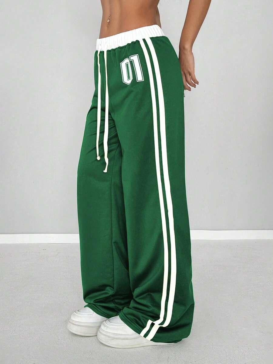 Green cotton baggy sweatpants with white stripes and 01 graphic, HUSTLE801