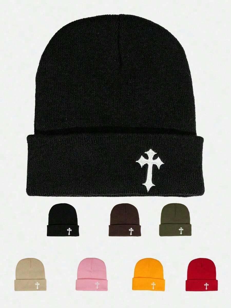 Cross Beanie by HUSTLE801, black cotton knit hat with white cross embroidery, multiple colors shown