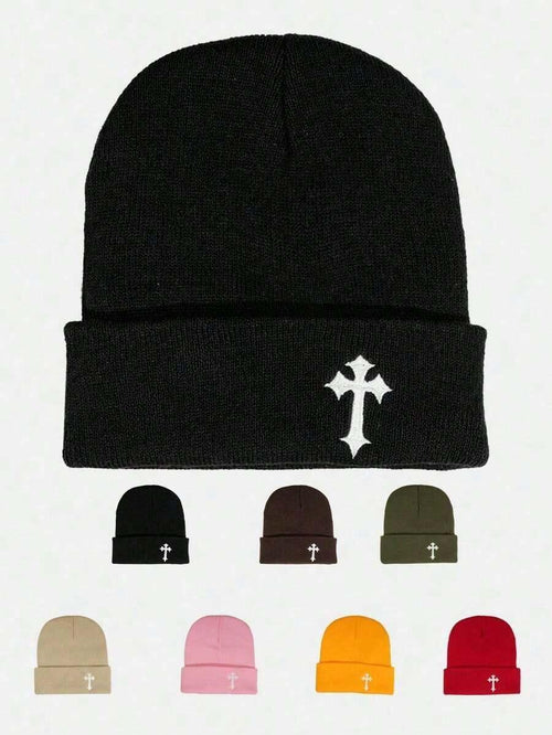 Cross Beanie by HUSTLE801, black cotton knit hat with white cross embroidery, multiple colors shown