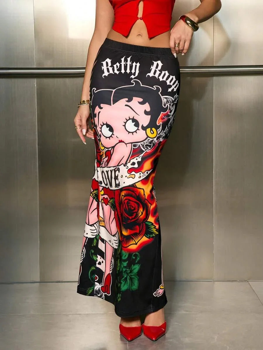 Betty Boop midi skirt by HUSTLE801, black cotton with cartoon print, red rose, and tattoo art style.