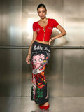 HUSTLE801 Betty Boop red cotton crop top and printed maxi skirt set, bold cartoon graphics