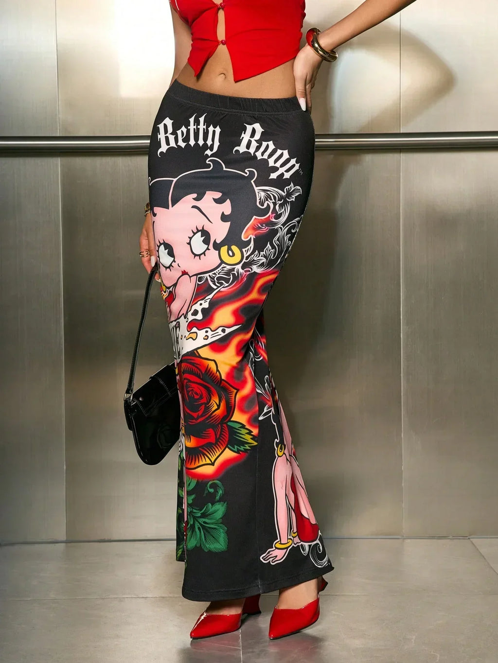 Black cotton Betty Boop maxi skirt with bold cartoon print and red rose, HUSTLE801 streetwear