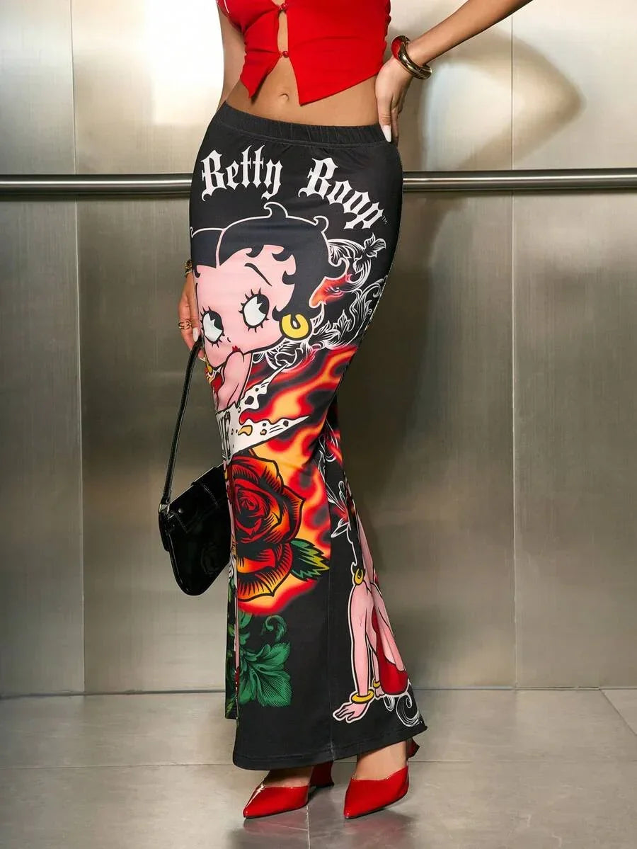 Betty Boop print black cotton maxi skirt, red rose graphic, flared fit, HUSTLE801 exclusive