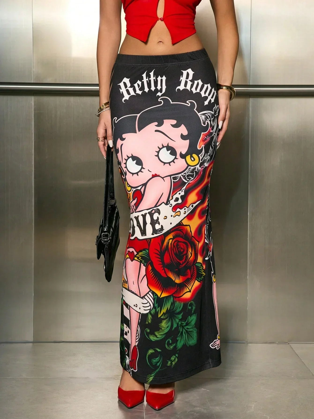 Betty Boop Love black cotton maxi skirt with bold print and red accents by HUSTLE801