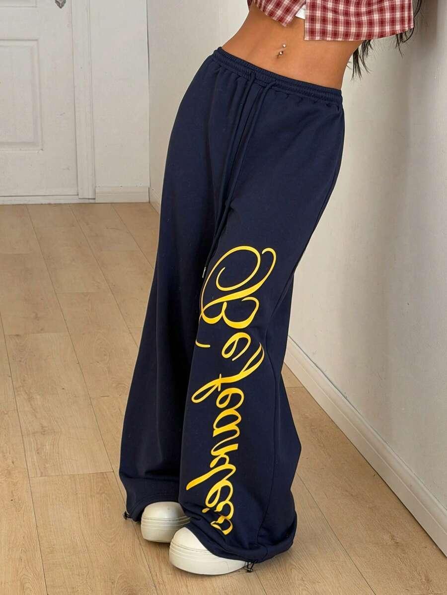 Be Famous navy cotton wide-leg sweatpants with yellow script, elastic waist, HUSTLE801