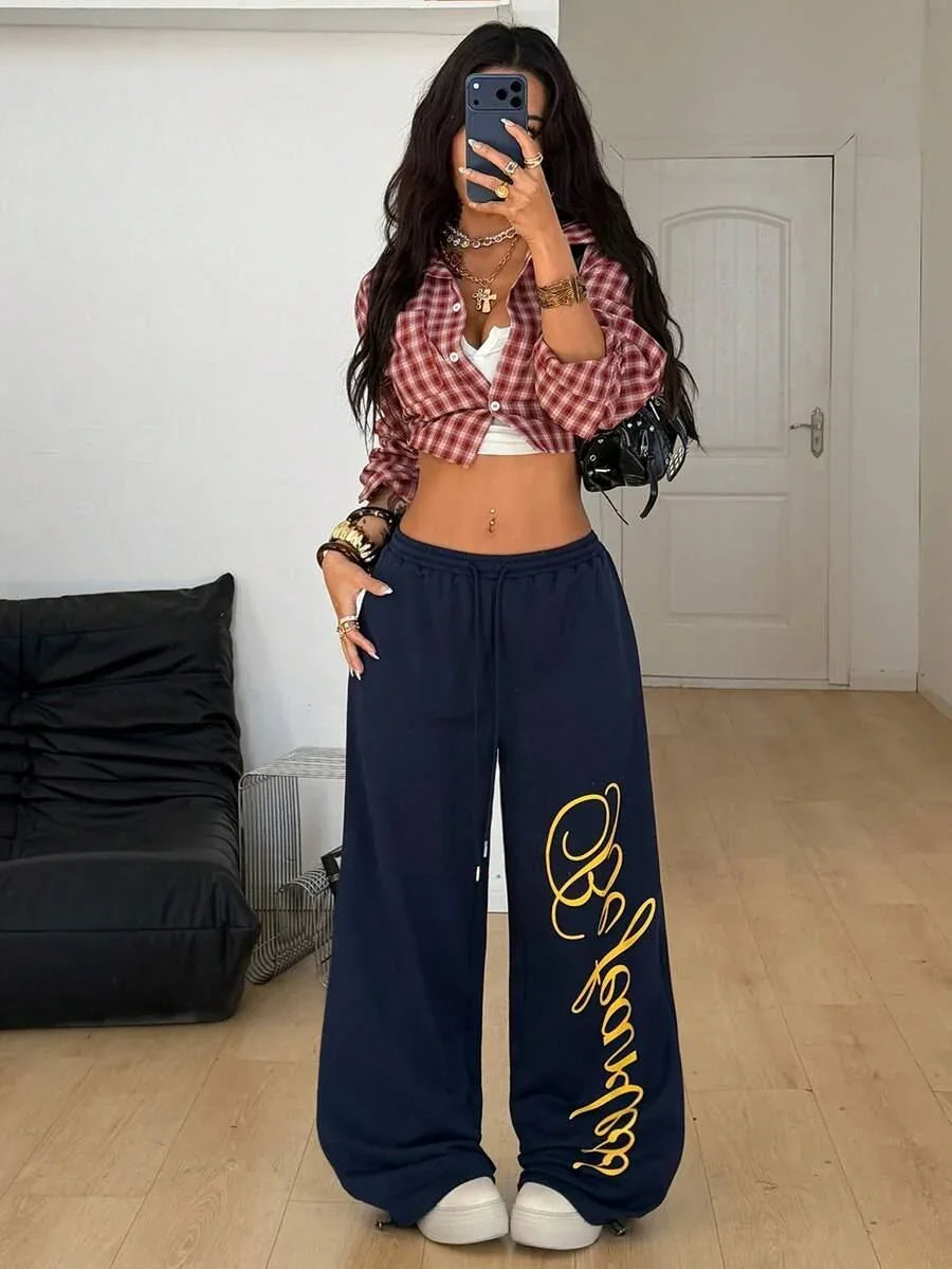 HUSTLE801 navy cotton Be Yourself sweatpants with yellow script, baggy fit, street style