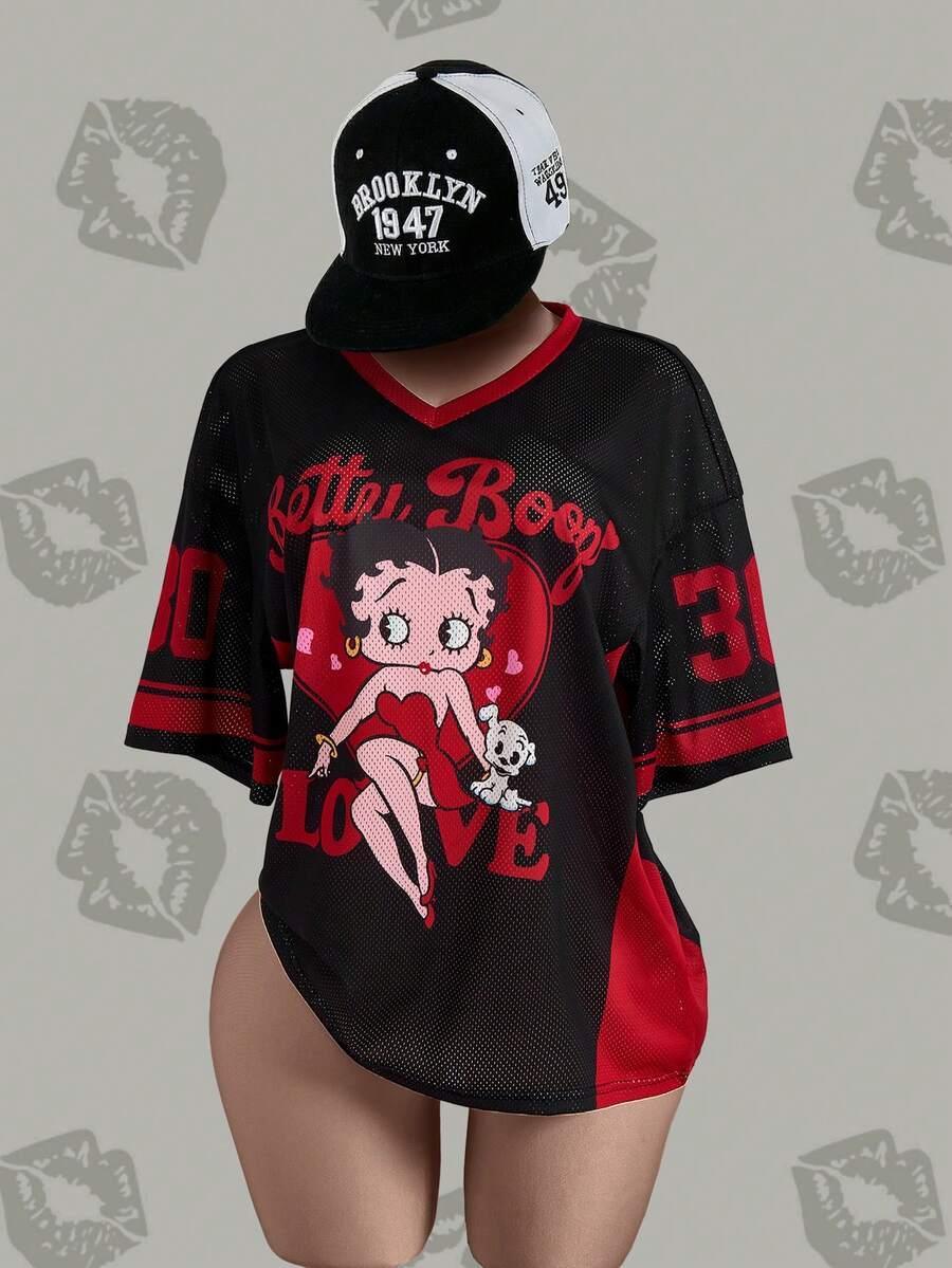 Black and red mesh Betty Boop Love oversized jersey top with cartoon graphic and number accents
