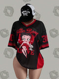 Black and red mesh Betty Boop Love oversized jersey top with cartoon graphic and number accents
