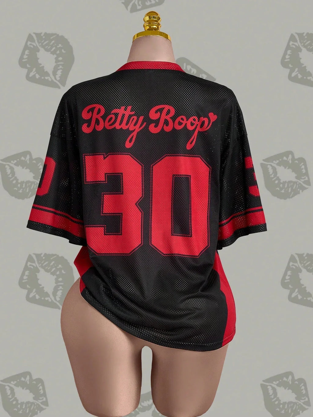 Betty Boop 30 black and red mesh jersey top, polyester, back view, HUSTLE801