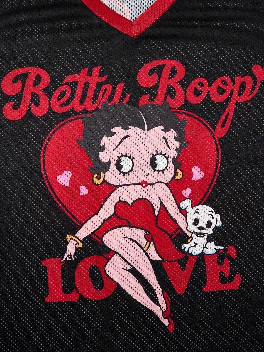 Betty Boop Love jersey in black mesh with red accents, cotton material, cartoon graphic on front