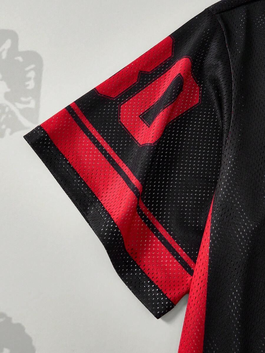 Black and red mesh jersey sleeve with number 0, polyester athletic material
