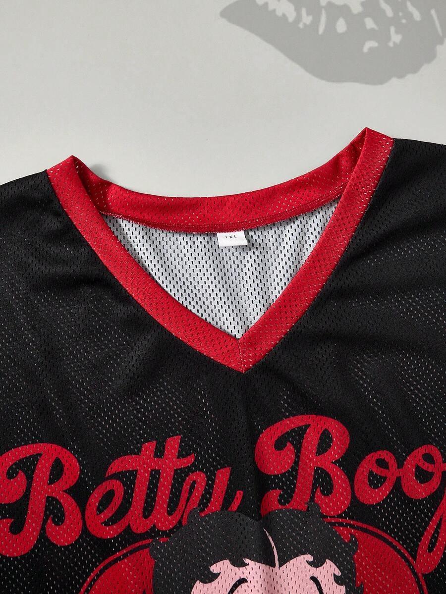 Betty Boop mesh jersey by HUSTLE801 in black and red polyester, V-neck, Betty Boop graphic on chest