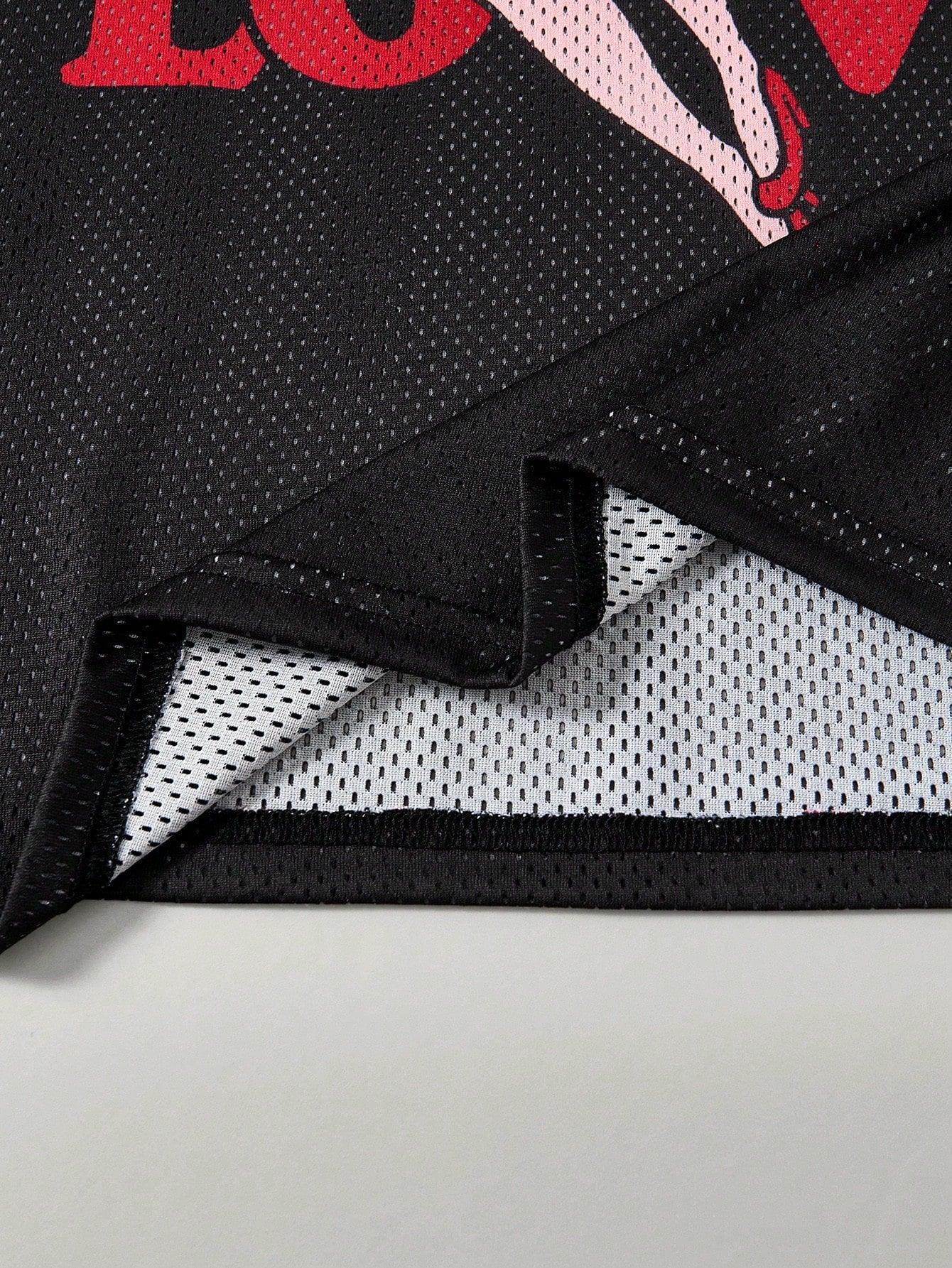 Black mesh cotton fabric closeup with red graphic and white lining from HUSTLE801 Love Jersey