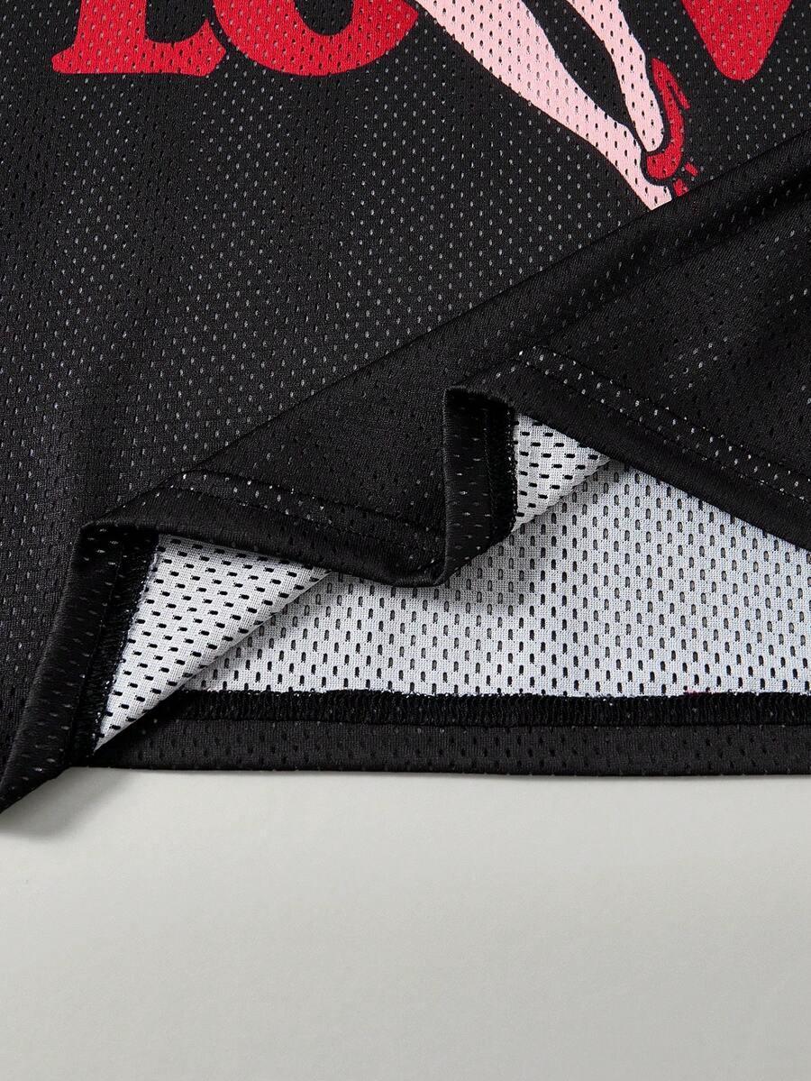 Black mesh polyester HUSTLE801 Love Jersey close-up, red graphic detail, breathable fabric