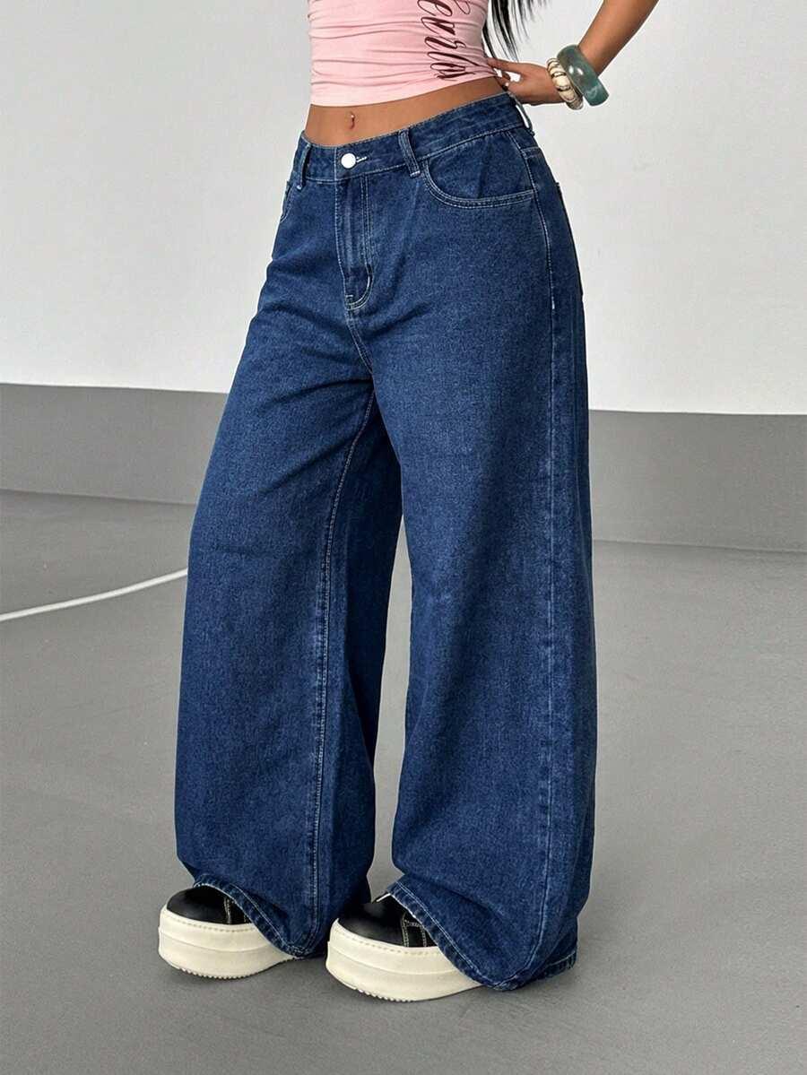 Wide leg baggy blue denim jeans, cotton material with relaxed fit, HUSTLE801 essential
