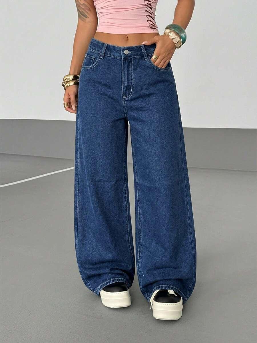 Wide leg baggy blue denim jeans by HUSTLE801, cotton material, high-waisted street style