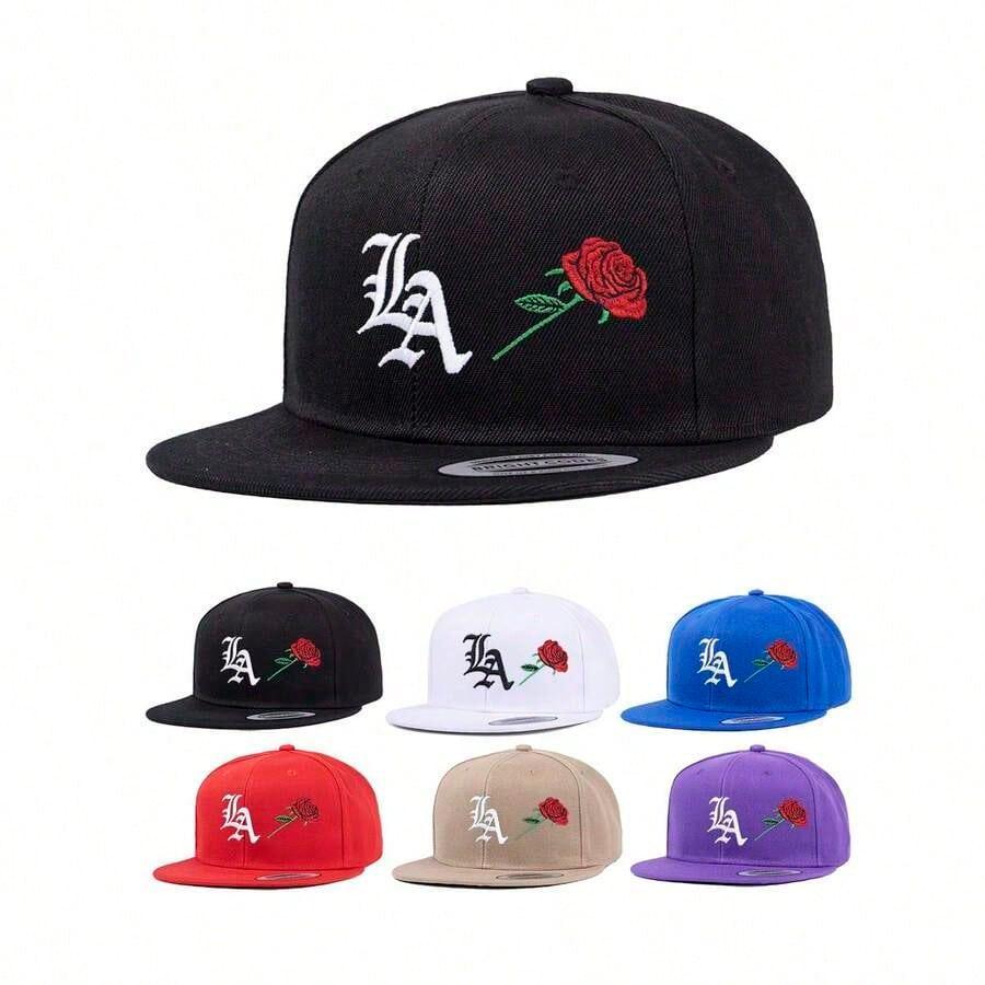 LA Rose Snapback in cotton by HUSTLE801, embroidered rose detail, available in black, white, red, tan, blue, purple