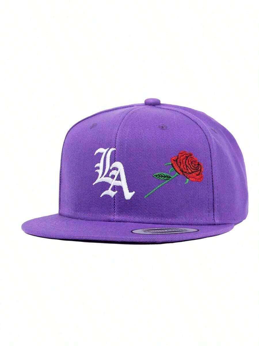 Purple cotton LA Rose Snapback Cap with embroidered logo and red rose by HUSTLE801