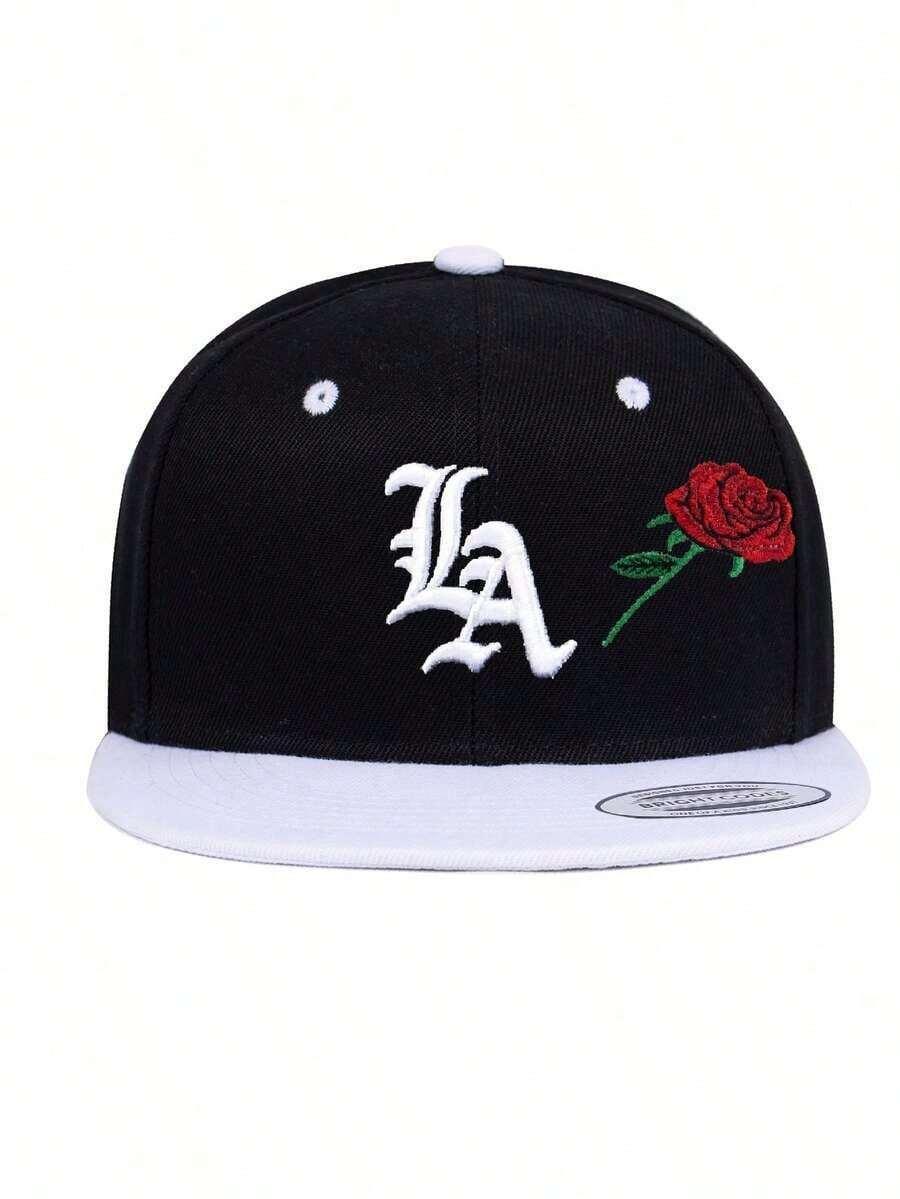 Black cotton LA rose embroidery snapback cap with white brim from HUSTLE801